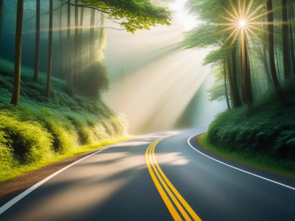 El Camino Mágico: Aventuras y Misterios entre Bosques Verdes Explorando rutas secretas de viajes en carretera entre exuberantes bosques verdes, bañados por la luz dorada del sol