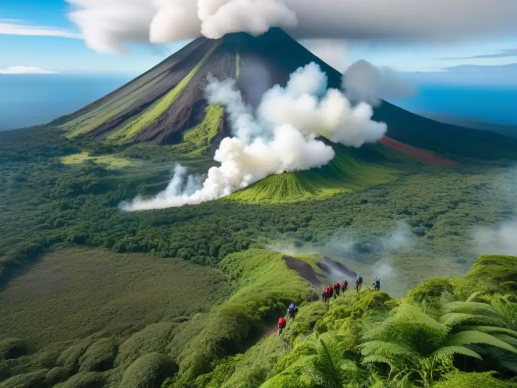 Volcán activo y exuberante selva: armonía entre turismo y conservación Rutas seguras para exploración de volcanes en América: hikers recorriendo sendero en base de volcán activo, rodeado de exuberante bosque verde