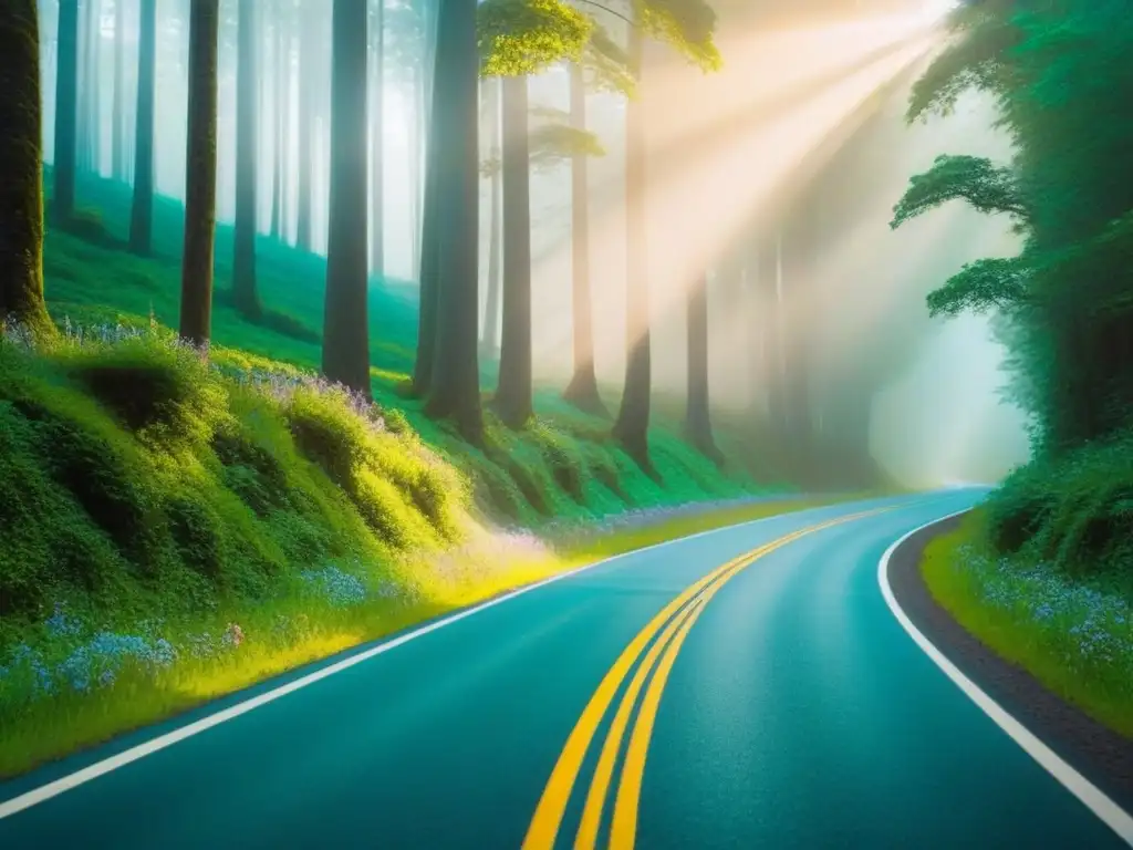 Camino mágico entre árboles para viaje en familia Rutas de viaje por carretera a través de un bosque mágico y acogedor, ideal para aventuras familiares