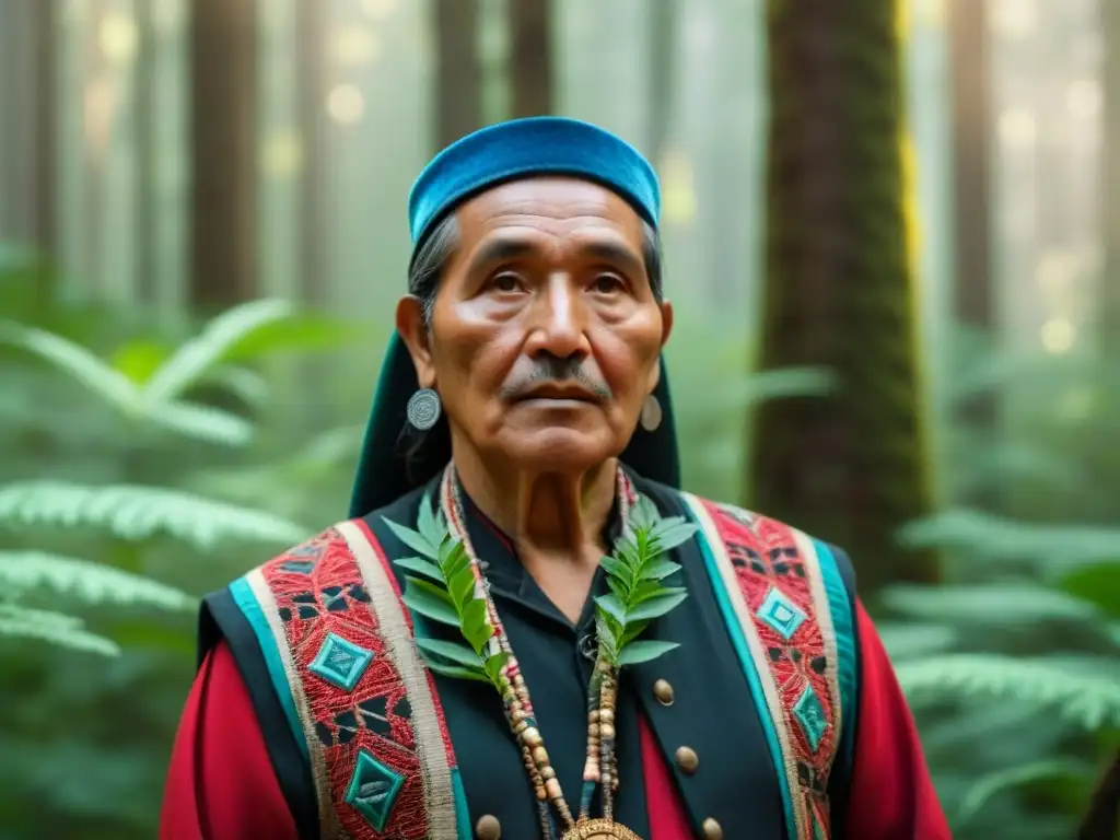 Sabiduría ancestral Mapuche en la selva vibrante Un sabio anciano Mapuche en la selva, con plantas y fauna vibrantes, refleja la preservación naturaleza culturas originarias