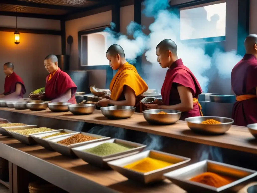 Cocina monástica budista: arte culinario y espiritualidad Un santuario de sabores secretos: monjes y monjas preparan platos vibrantes en una cocina monástica de Asia