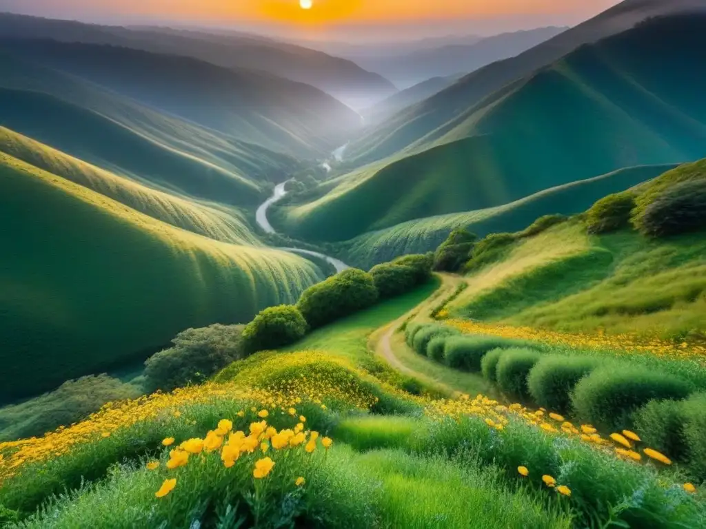 Sendero ancestral entre montañas: descuentos exclusivos Un sendero antiguo serpentea entre montañas verdes con el sol poniéndose al fondo, iluminando el terreno