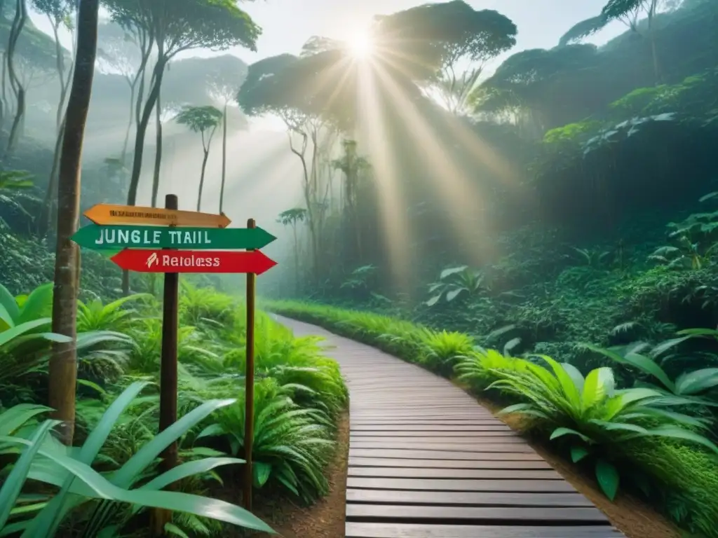 Sendero selvático en reserva natural de América Latina, con exuberante vegetación y señalización colorida