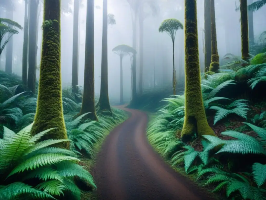 Sendero misterioso en bosque de Oceania Un sendero serpenteante en bosques antiguos de Oceanía invita a la exploración de la naturaleza exuberante