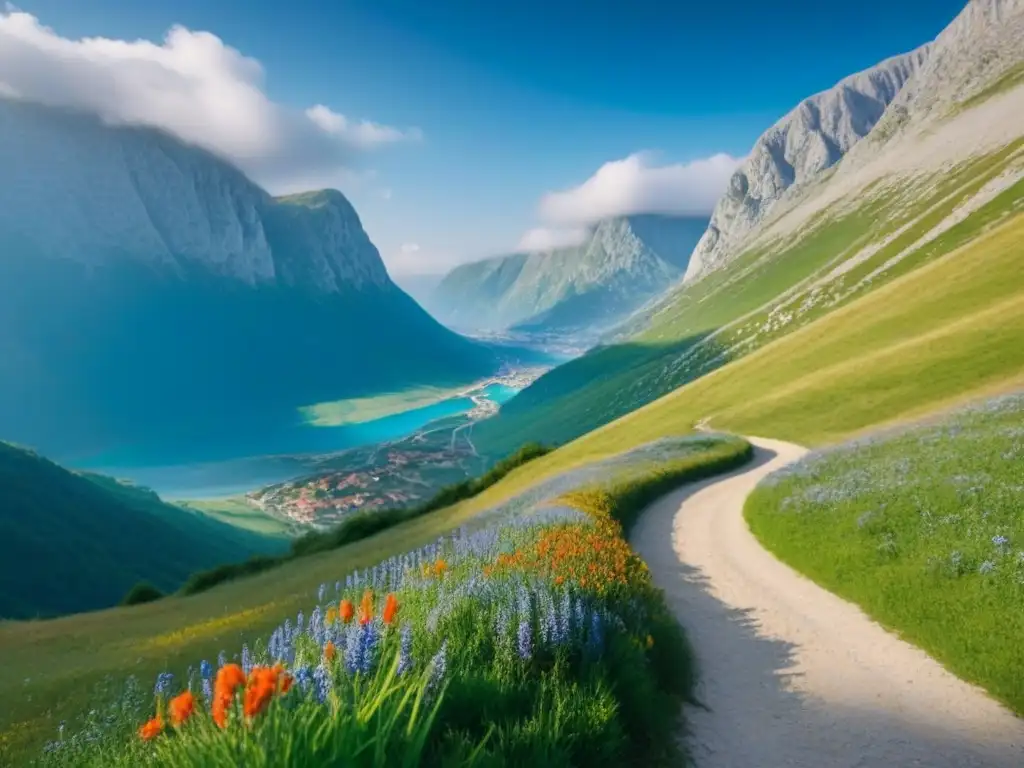 Montenegro: Senderismo en paisajes salvajes Un sendero serpenteante entre prados verdes y flores silvestres, con picos nevados al fondo