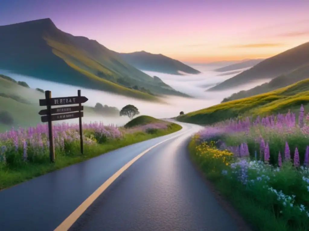 Amanecer sereno sobre carretera a Retiros de bienestar en montañas verdes