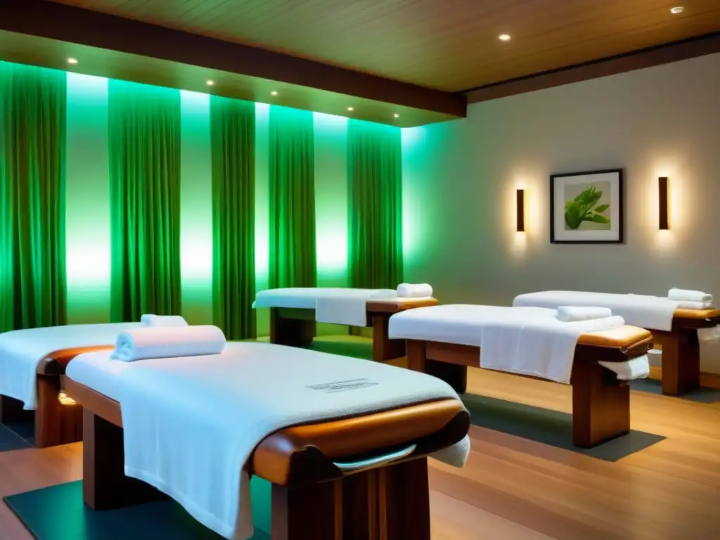 Espacio de spa sereno con masajista profesional Un spa sereno con iluminación suave, toallas blancas apiladas y mesas de masaje acogedoras