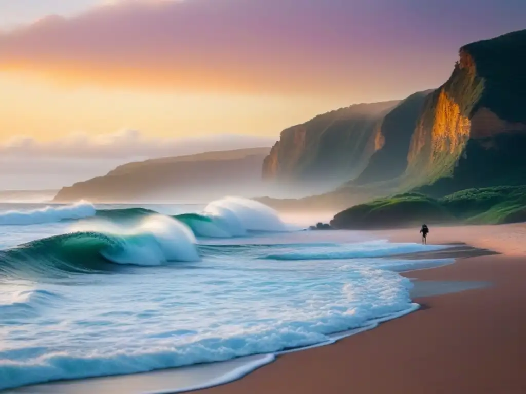 Surfista al amanecer en playa desierta de Australia Un surfista solitario surca una ola perfecta al amanecer en una playa australiana