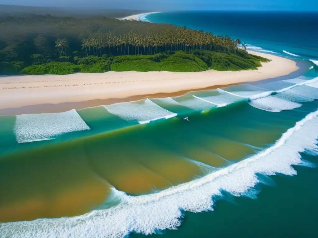 Paraíso tropical: Playa en Queensland con aguas turquesas y surfistas Surfistas disfrutando en spots de surf accesibles Australia, con aguas turquesas y playas doradas en Queensland