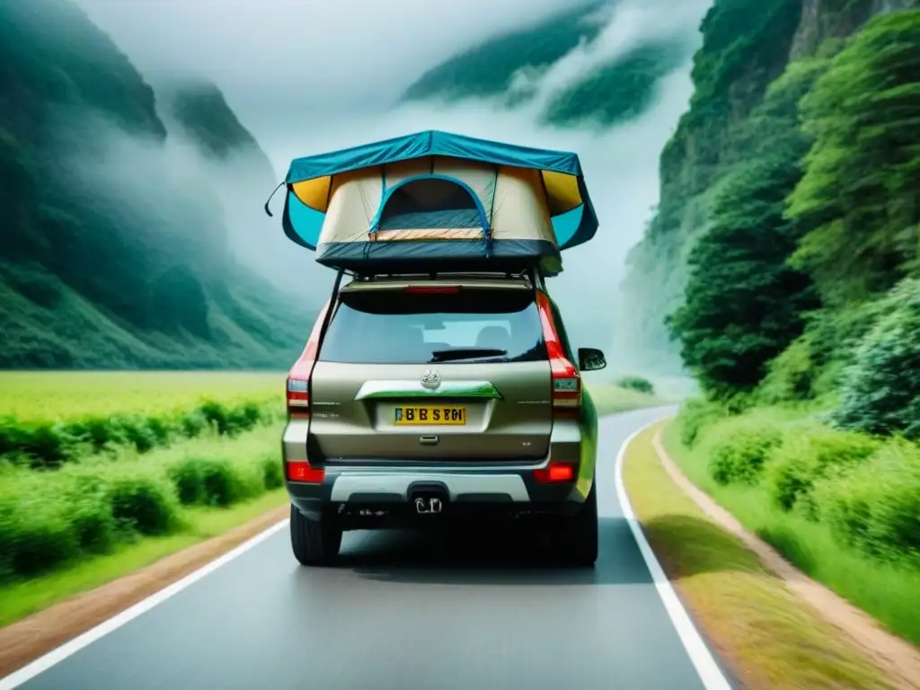 Aventura familiar en SUV equipado para camping Una SUV familiar repleta de equipo de campamento, rodeada de bosques verdes y una carretera serpenteante bajo un cielo azul