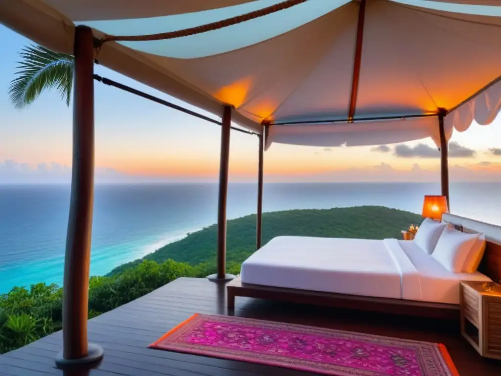Glamping de lujo en acantilado: cena romántica con vistas al mar turquesa Un tentador glamping en Islas Exóticas Románticas: una tienda lujosa en un acantilado con vistas al mar turquesa y atardecer rosa