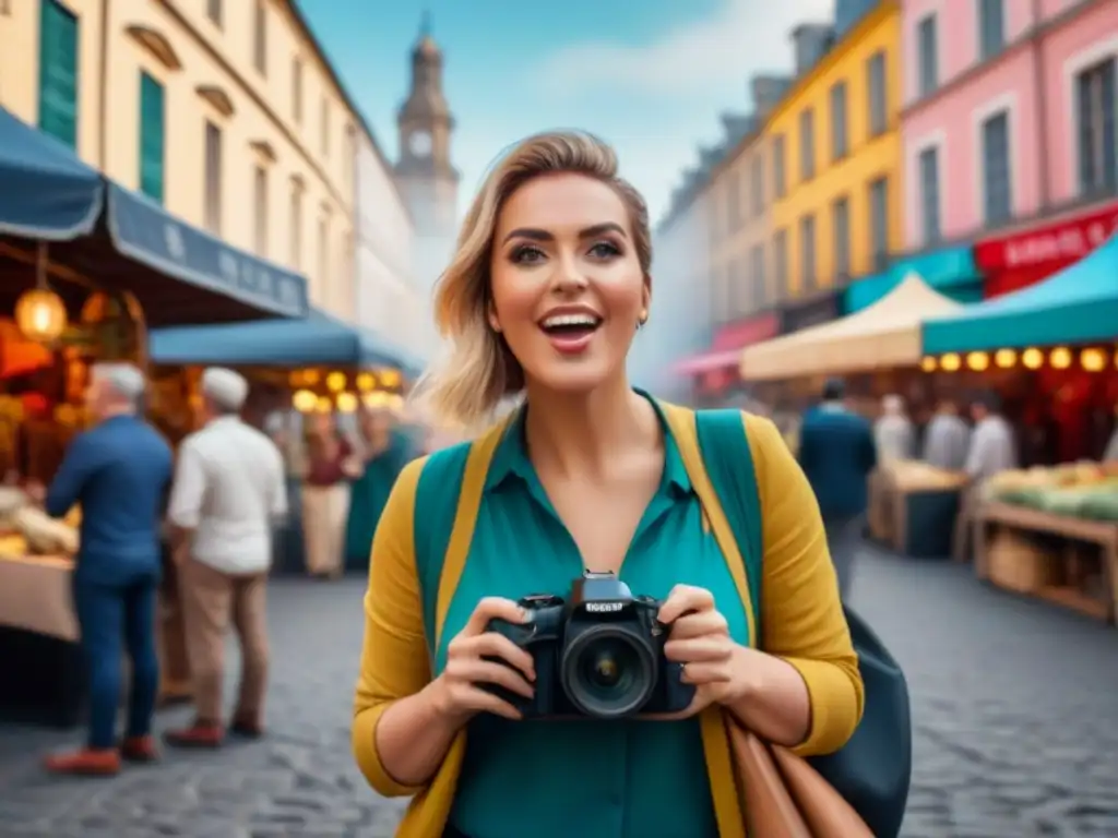 Vlogger de viajes día típico en bulliciosa calle de mercado, rodeado de locales entusiastas y coloridos puestos