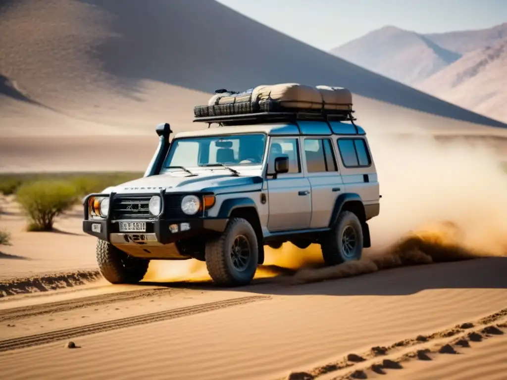 Explorando el desierto: 4x4 todoterreno listo para la aventura Un todoterreno versátil cruza un terreno desértico bajo el sol abrasador, listo para la conducción en distintos climas y terrenos