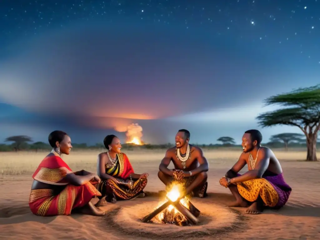 Tradiciones zambianas: comunidad alrededor de fogata estrellada Explorando tradiciones en el corazón de África: Tribus de Zambia alrededor de la hoguera bajo el cielo estrellado