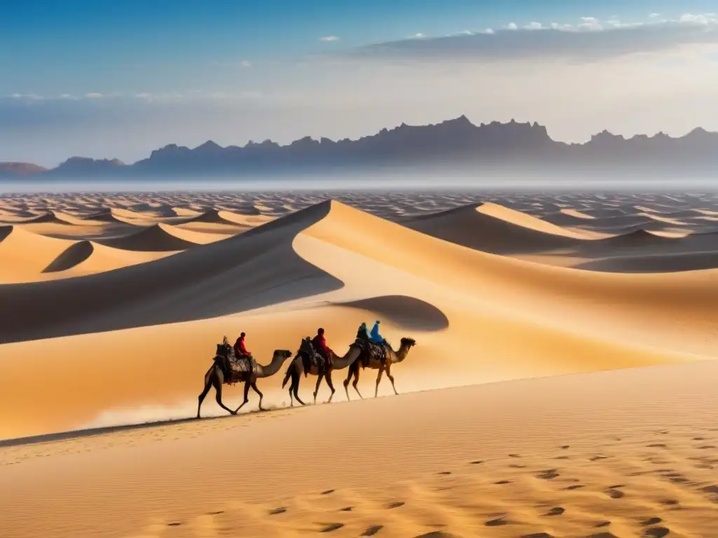 Desierto dorado: Caravana de camellos en paisaje infinito Un vasto desierto dorado con caravana de camellos, bajo un cielo azul brillante