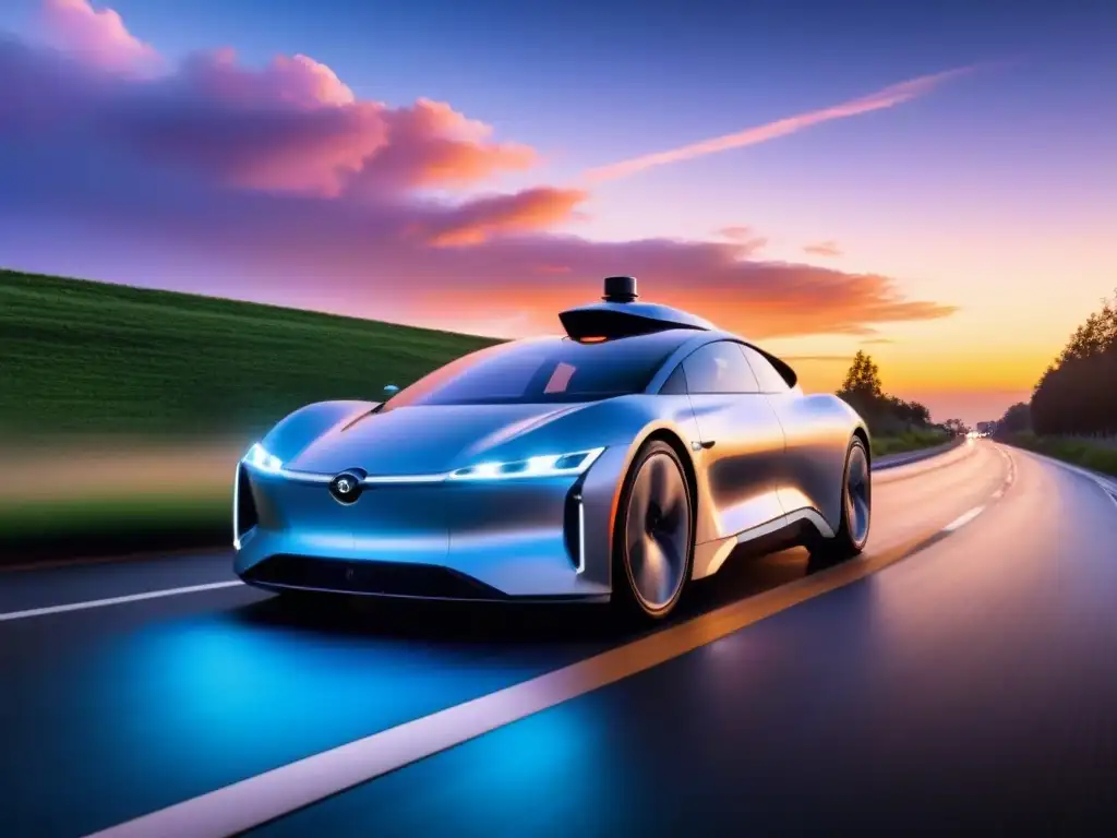 Vehículo autónomo futurista en autopista al atardecer Un vehículo autónomo futurista avanza suavemente por la carretera al atardecer, mostrando tecnología avanzada
