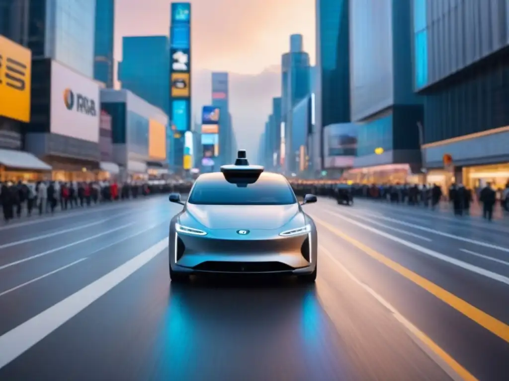 Coche autónomo de alta tecnología en ciudad futurista Un vehículo autónomo de vanguardia recorriendo una concurrida calle de la ciudad, destacando la Inteligencia Artificial en Viajes por Carretera