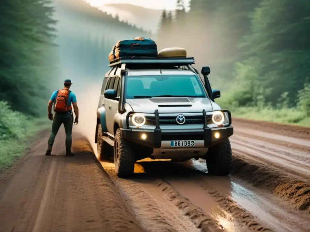 Aventura off-road: exploradores en ruta Un vehículo todoterreno en un camino remoto, aventureros consultando un mapa