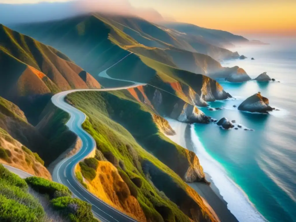 Viaje en carretera Pacific Coast: Atardecer dorado en Big Sur, con la carretera serpenteando entre acantilados y el océano turquesa