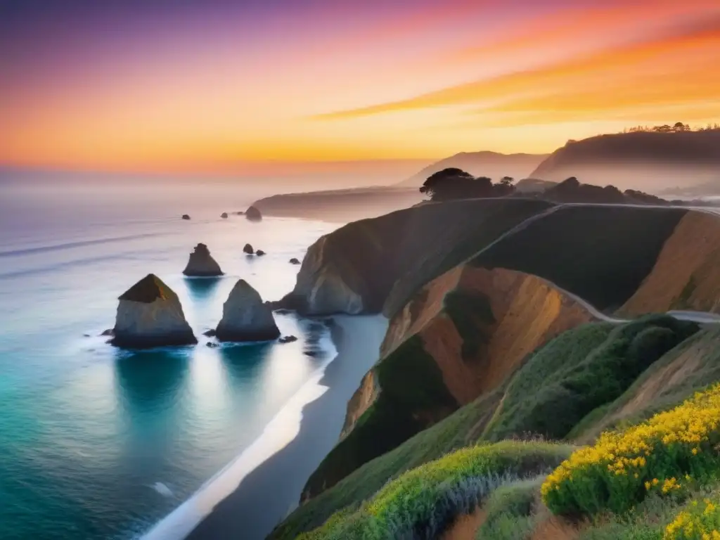 Un viaje en carretera Pacific Coast: un atardecer impresionante sobre los acantilados, con un ciclista solitario en la distancia