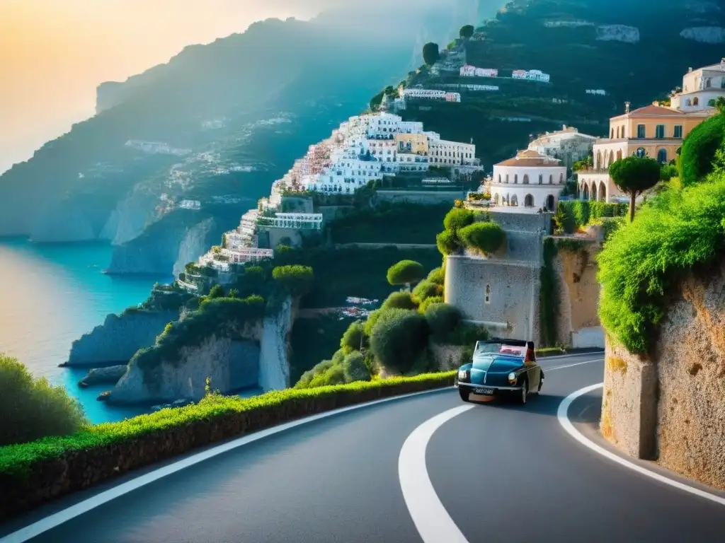 Costa Amalfitana: Viaje en coche por el paraíso mediterráneo Un viaje por carretera en Italia: Costa Amalfitana con casas coloridas en acantilados, mar turquesa y un coche vintage al atardecer