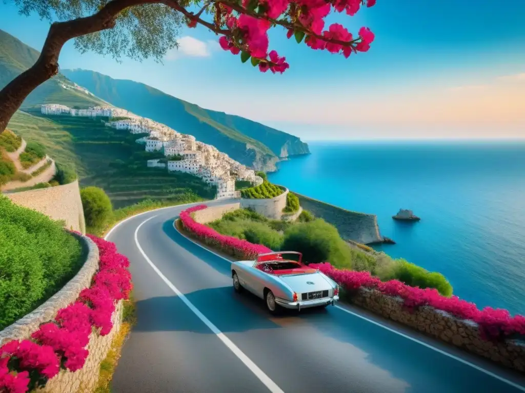 Escénica carretera costera en Italia Viaje por carretera en Italia: Carretera costera serpenteante, colinas verdes, mar azul cristalino y un auto clásico