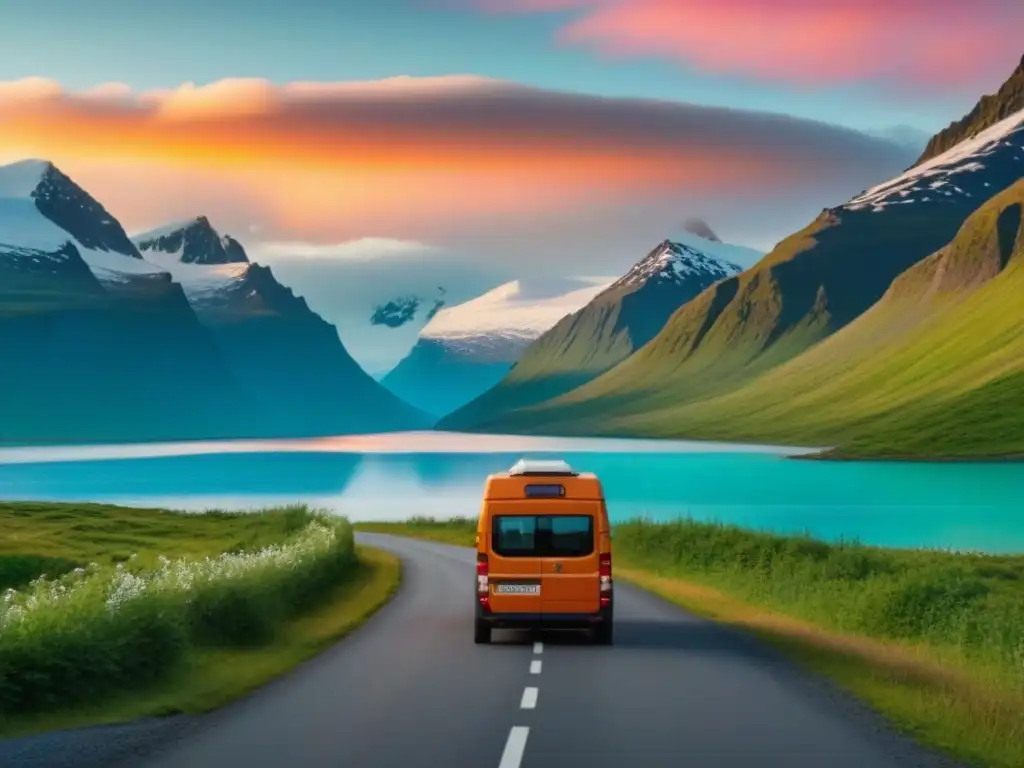 Viaje de ensueño bajo el sol de medianoche en el Ártico Un viaje por carretera en latitudes extremas: el sol de medianoche brilla sobre un paisaje ártico surrealista con una camper iluminada