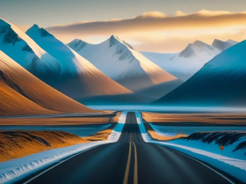 Carretera mágica en el Círculo Polar Un viaje por carretera en latitudes extremas: un camino serpenteante en un paisaje nevado bajo el sol de medianoche en el Círculo Ártico