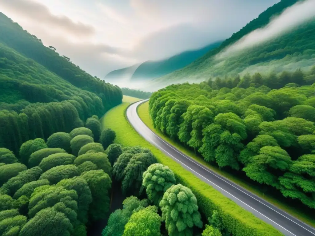 Camino sinuoso entre bosque verde: serenidad y armonía Un viaje por carretera en armonía con las leyes ambientales, adaptándote a la naturaleza en su máxima expresión