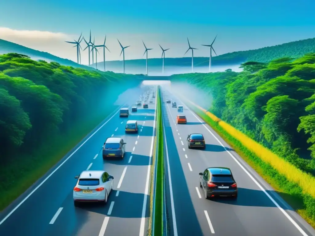 Carretera sostenible en bosque verde: impacto de leyes ambientales Un viaje en carretera lleno de naturaleza y sostenibilidad, donde las leyes ambientales se adaptan al entorno