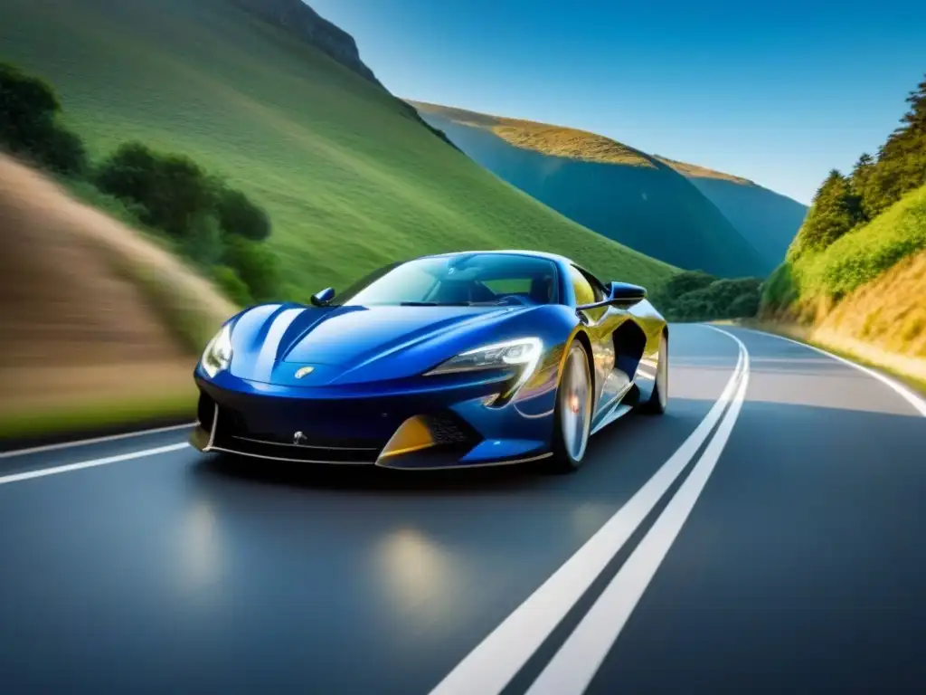 Exclusiva experiencia de lujo: deportivo brillante en carretera montañosa Viaje en carretera de lujo personalizado: auto brillante en ruta montañosa con vegetación exuberante y cielo azul