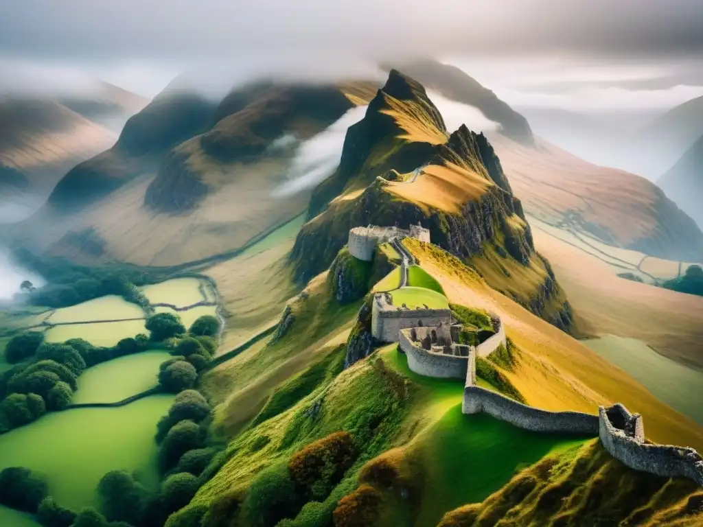 Viaje en carretera por Escocia: misteriosas Tierras Altas escocesas envueltas en niebla, con montañas majestuosas y ruinas antiguas