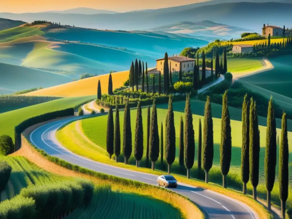 Paisaje atemporal: carreteras serpenteantes de la Toscana Viaje por carretera en Italia: pintoresca Toscana con cipreses, viñedos y granjas rústicas bajo el cálido atardecer