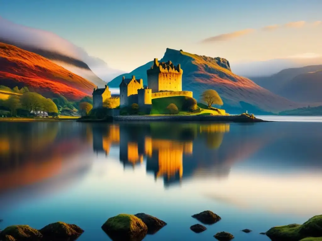 Viaje en carretera por Escocia: Castillo Eilean Donan rodeado de montañas brumosas y reflejado en el lago Duich
