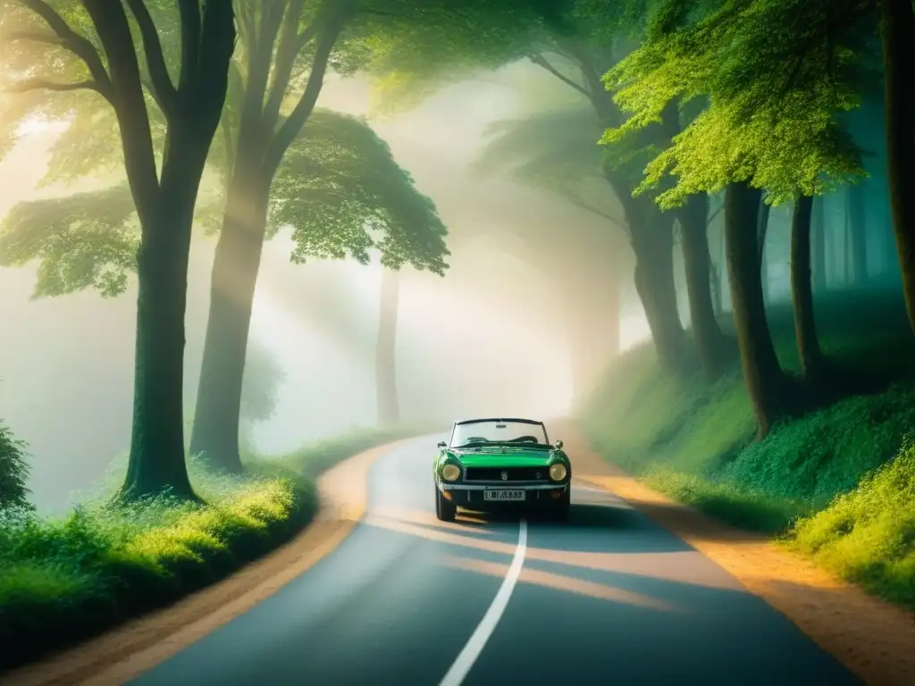 Camino misterioso entre bosques verdes: un viaje de contemplación Un viaje en carretera por rutas secretas entre bosques verdes con neblina, una escena misteriosa y tranquila