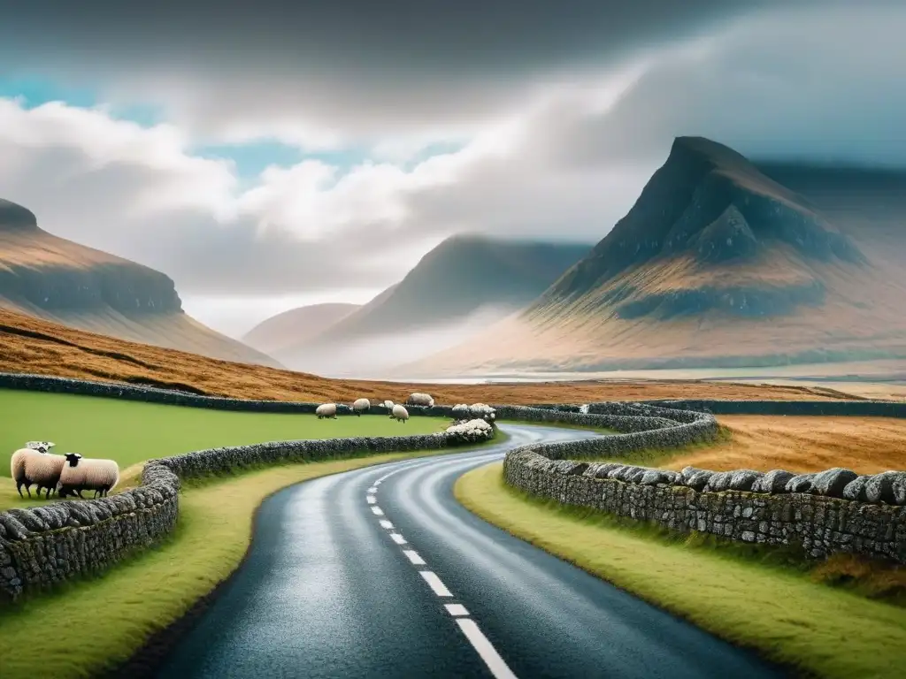 Un viaje en carretera por Escocia: carretera serpenteante entre verdes paisajes de las Tierras Altas, ovejas pastando bajo un cielo dramático