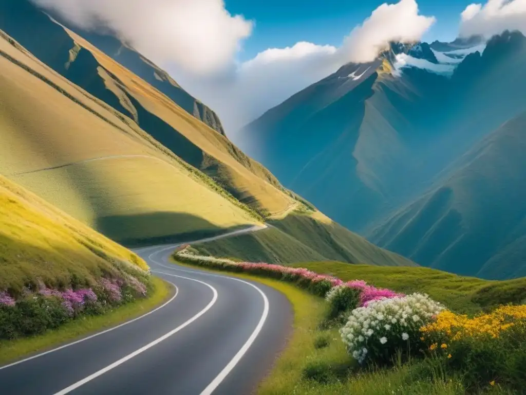 Viaje eco en la cordillera de los Andes: un paisaje impresionante Un viaje por carretera sostenible por América Latina, con un auto ecoamigable recorriendo una sinuosa carretera en los Andes