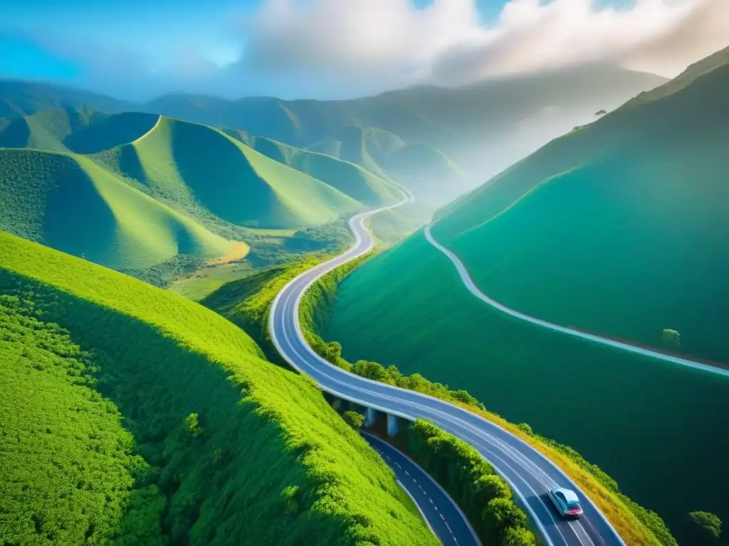 Carretera ecológica entre montañas verdes: viaje sostenible en Latinoamérica Un viaje por carretera sostenible en América: carretera serpenteando entre montañas verdes, autos eléctricos y energía renovable