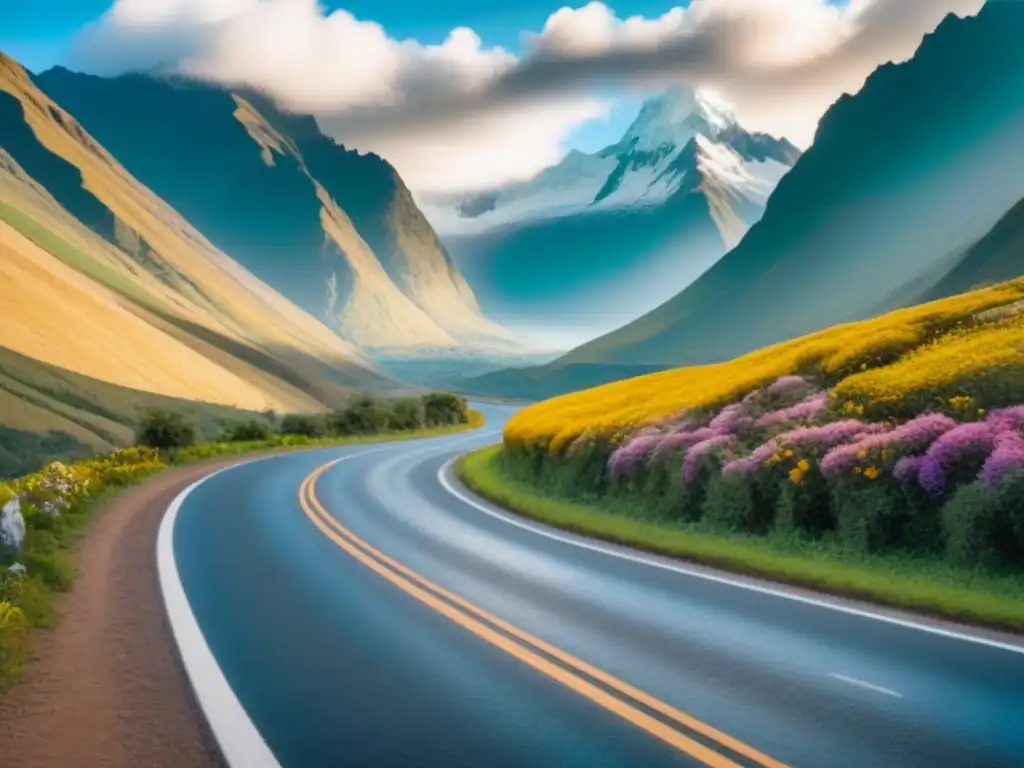 Camino serpenteante en los Andes: belleza natural y sostenibilidad Viaje por carretera sostenible en América: carretera serpenteante rodeada de naturaleza exuberante y picos nevados majestuosos