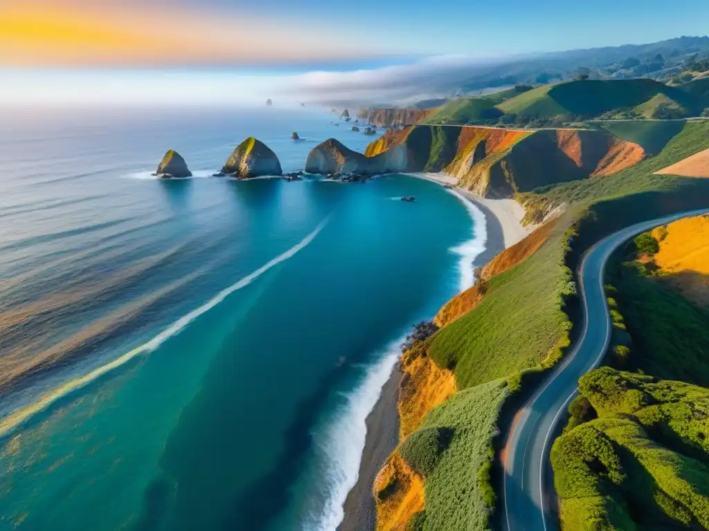 Viaje en carretera Pacific Coast: Atardecer dorado sobre la sinuosa costa de California, con el océano y acantilados verdes