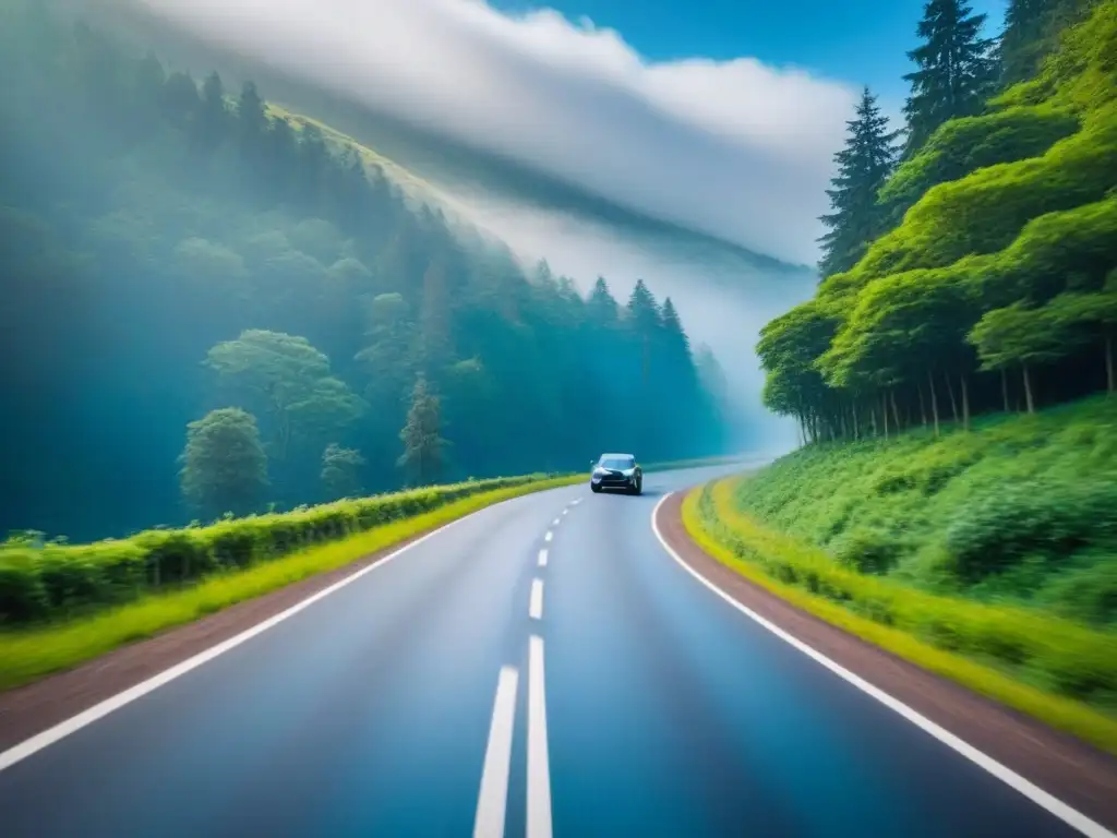 Camino ecológico: auto eléctrico recorriendo bosque verde Un viaje ecológico en carretera rodeada de bosques verdes, con un coche eléctrico y neumáticos sostenibles en una ruta tranquila