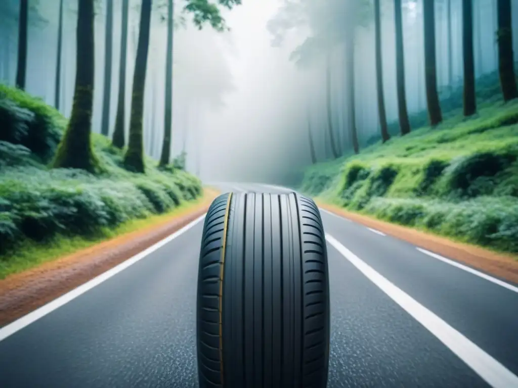 Camino ecológico: neumáticos reciclados en acción Un viaje ecológico: carretera serpenteante en bosque verde con neumáticos reciclados