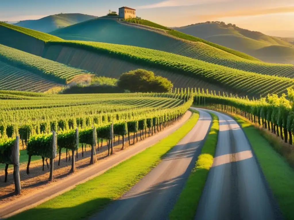 Viñedos al atardecer: un viaje a la belleza y tranquilidad Un viaje de exploración entre viñedos al atardecer, con cálida luz dorada sobre las bodegas