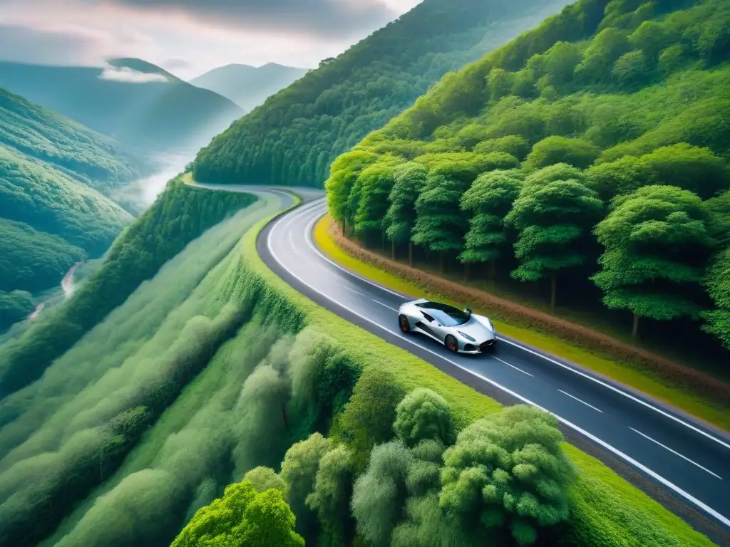 Un viaje de lujo por carretera: un auto plateado recorre una sinuosa carretera de montaña entre bosques verdes, bajo un cielo azul claro