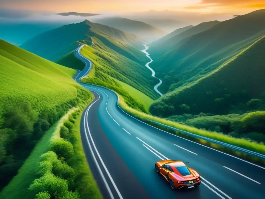 Ruta de lujo: Deportivos en paisaje montañoso al atardecer Un viaje de lujo en carretera: autos deportivos recorren una ruta pintoresca entre montañas verdes al atardecer