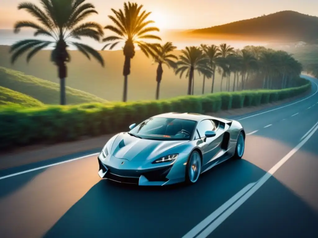 Viaje en carretera: lujo y aventura en un deportivo junto al mar Un viaje de lujo por carretera: un lujoso coche deportivo recorriendo una carretera costera con palmeras bajo un cielo azul