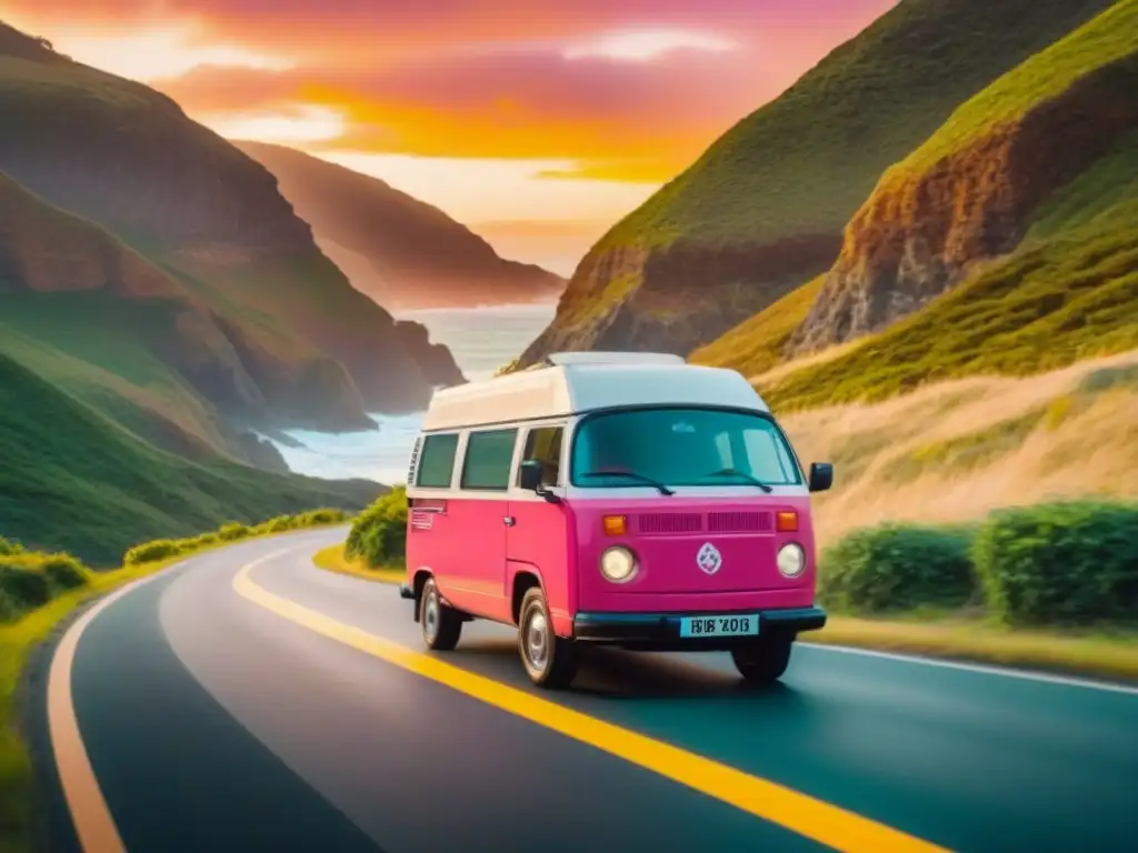 Viaje de lujo por carretera: camper recorre ruta costera al atardecer con luz dorada reflejándose en el vehículo y mar