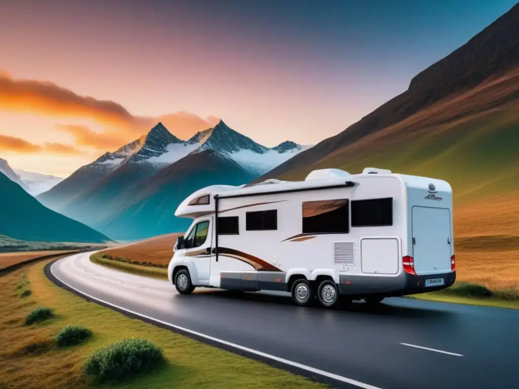 Viaje de lujo por carretera: Autocaravana elegante frente a montañas al atardecer, evocando aventura y extravagancia