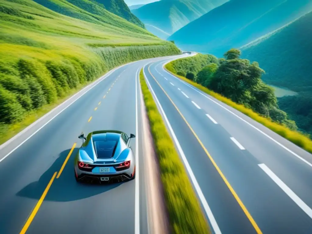 Exclusivo viaje en carretera: lujo y naturaleza Un viaje de lujo personalizado en carretera entre montañas verdes, con un elegante auto deportivo recorriendo la ruta