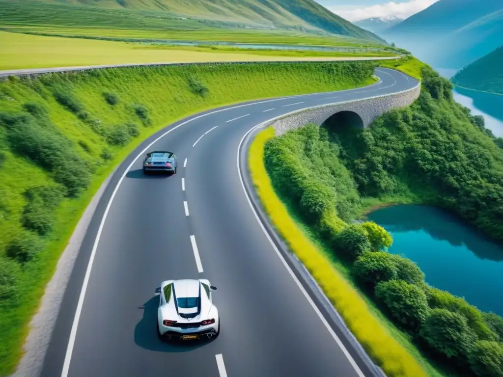 Viaje de lujo: carretera serpenteante entre montañas verdes Un viaje de lujo personalizado en carretera, recorriendo sinuosas montañas verdes con un auto deportivo de alta gama